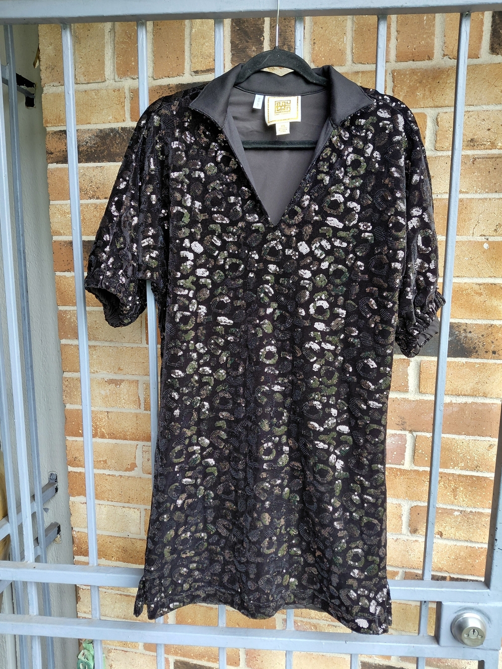 Black Sequin Animal-Print Mini Dress with V-Neck Collar